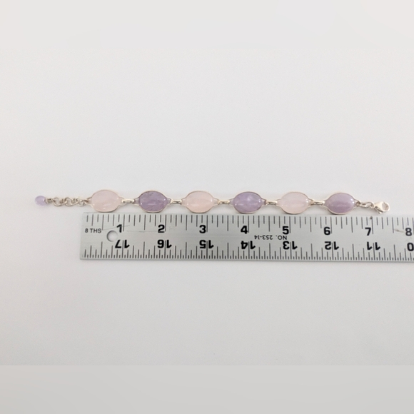 Vintage '90s Amethyst & Rose Quartz Cabochon Linked Sterling Silver Bracelet - Picture 11 of 15